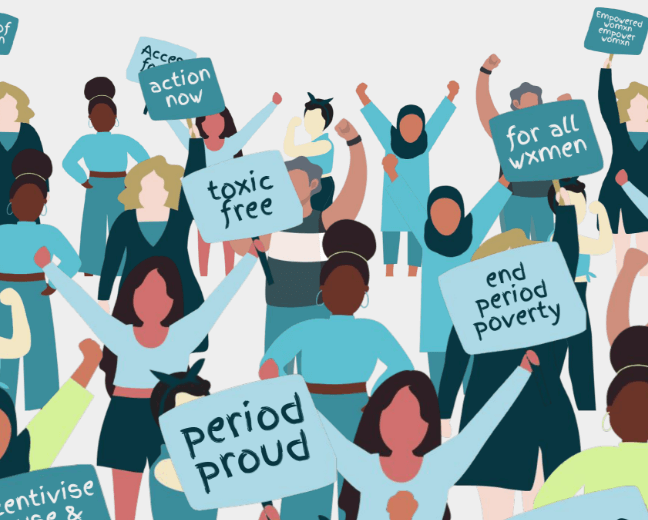 cartoon of women protesting for plastic-free period products